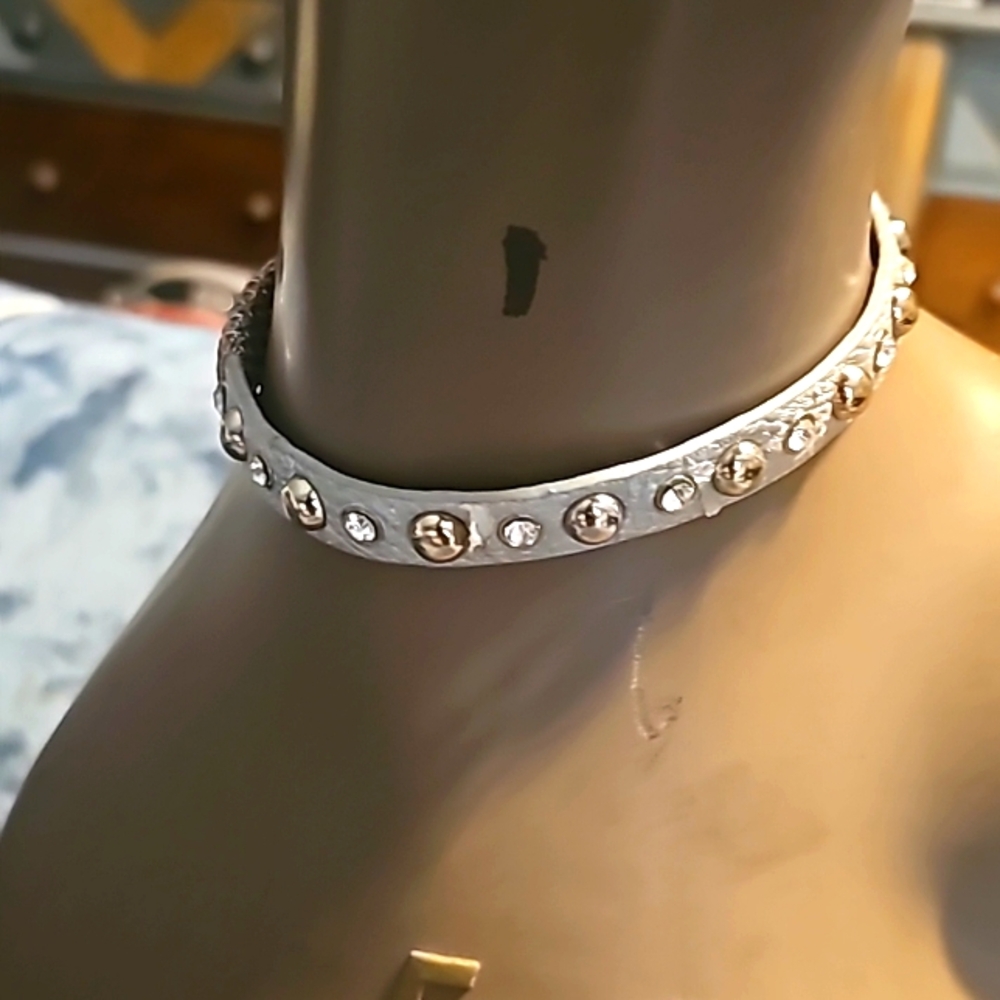 Golden Silvery Leather Choker/Bracelet with Goldtone Studs and Clear Rhinestones